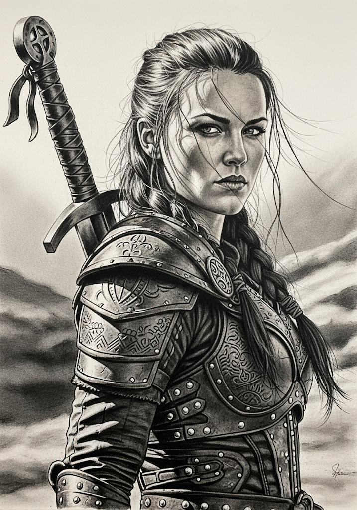 Mulher Guerreira em Desenho Realista