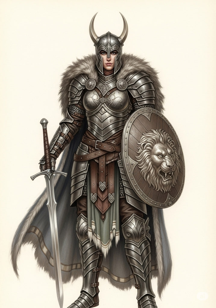Mulher guerreira em pose imponente com espada e escudo em desenho realista.